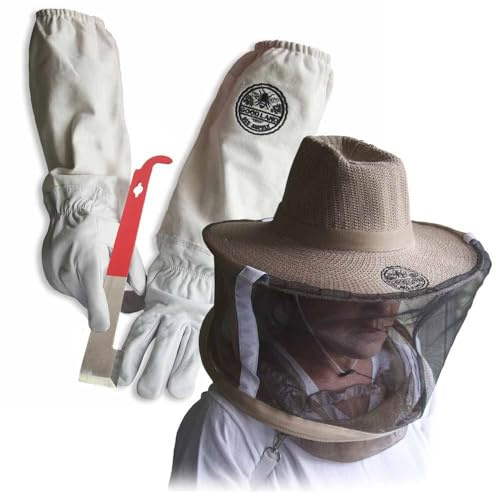 Goodland BEE Supply GL-GLV-JHK-VL-XXL Sheep Skin Beekeeping Protective Gloves with Canvas Sleeves and Beekeeping Hat Includes Round Veil - XXL & J-Hook Beehive Scraper Tool