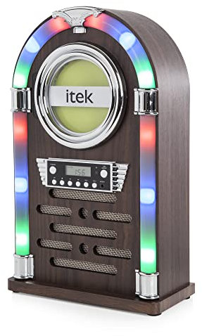iTek I60018CD Table Top Jukebox with CD Player, FM Radio and Bluetooth Connection, Remote Control Included, Wood Finish, Brown, 25.2 cm*40.5 cm*12.1 cm