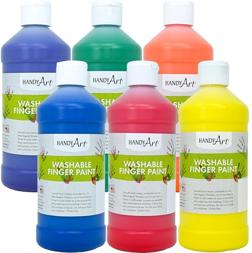 Handy Art Washable Finger Paint, Set of 6 Colors, 16 oz Bottle, Easy Clean Up, Sensory Paints for Fingers & Hand Prints, Ages 3 & Up, Safe for Kids & Toddlers, AP Certified Non-Toxic, Made in USA