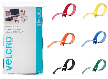 VELCRO Brand ONE-WRAP - Sujetacables | 60 unidades, correas de 8 x 1/2 pulgadas, multicolor, gestión de cables reutilizable fuerte, paquete de cables para oficina en casa y centros de datos