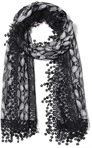 Cindy and Wendy Lightweight Soft Leaf Lace Fringes Scarf shawl wrap for Women,Black Grey,One Size