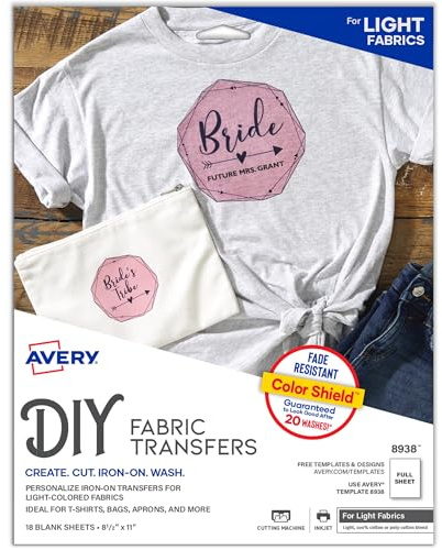 Avery Printable Heat Transfer Paper for Light Fabrics, 8.5 x 11, Inkjet Printer Compatible, 18 Sheets of Iron On Transfer Paper, Great for Custom Shirts, Uniforms, Gifts, and More (8938)