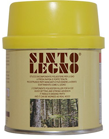 Sintolegno Mastice-Stucco Per Legno Bicomponente Poliestere.Con Fibre Di Legno.Incollaggio Irreversibile E Rifacimento Di Parti Mancanti Di Ogni Tipo Di Legno,Del Quale Assume Le Stesse Proprieta' Fisiche E Meccanice. Non Cala Di Volume Dopo L'Indurimento