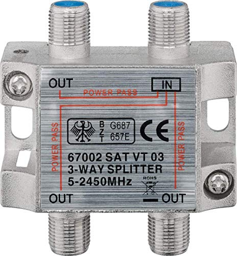 goobay Sat Verteiler 3-fach, 100dB Splitter 1 auf 3, als Weiche für Satellitenanlagen, 5-2400 MHz, DC-Durchgang, silber - 67002