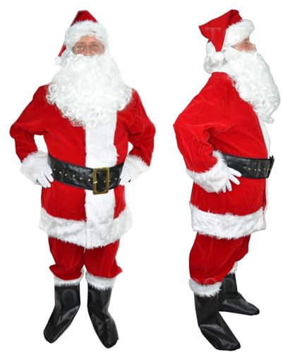 8-Piece Traditional Deluxe Regal Plush Father Santa Claus Suit - Christmas Fancy Dress Costume with Hat, Wig, Beard, Gloves, Boot Covers, Glasses - Perfect for Holiday Parties - X-Large