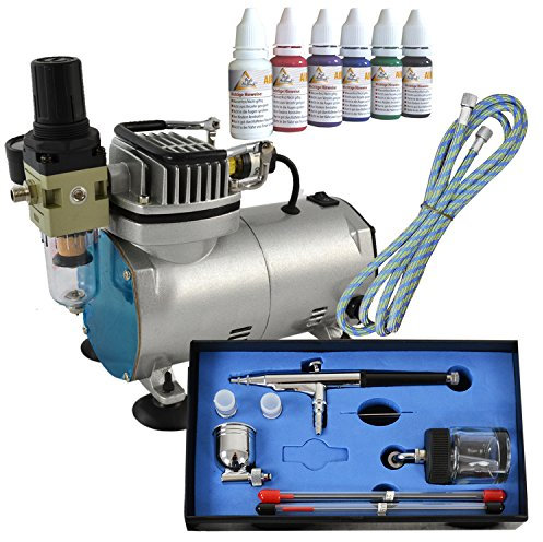 Profi Airbrush SET, Airbrush-Kompressor Compact II POWER (sehr leise) mit 6 * 30ml Farben-Kit inkl. Universal Airbrush-Pistole Double-Action + 3 Düsen/Nadeln, Fließbecher + Glas & Druckluftschlauch