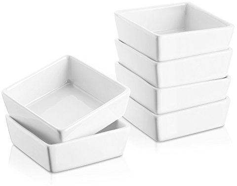 DOWAN Creme Brulee Ramekins 6 oz Oven Safe, Small Ceramic Square Ramekin, Custard Cups Souffle Baking Dish, Dipping Bowls Soy Sauce Dish Appetizer Plates, Set of 6, Soft White