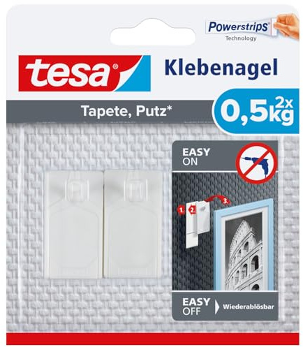 tesa Klebenagel für Tapeten und Putz 0,5kg - Selbstklebende Nägel für empfindliche Oberflächen - rückstandslos - Bis zu 0,5 kg Halteleistung pro Nagel - 2 Klebenägel