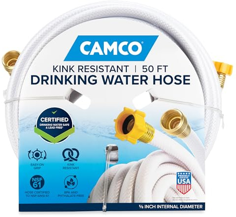 Camco TastePURE 50-Ft Water Hose - RV Drinking Water Hose Contains No Lead, No BPA & No Phthalate - Features Diamond-Hatch Reinforced PVC Design - 5/8” Inside Diameter, Made in the USA (22793)