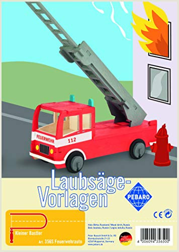 Pebaro 356S Laubsägevorlage Feuerwehrauto, 3mm Sperrholz DIN A 4, Motiv vorgedruckt, aussägen mit Laubsägebogen, basteln, anmalen, fertig, Laubsägen, Basteln mit Holz, Geschenkidee