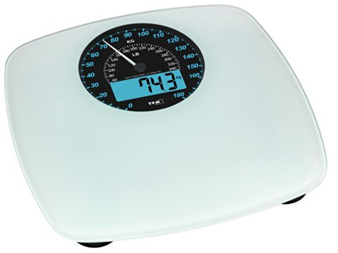 TFA Dostmann Personenwaage mit digitaler und analoger Anzeige SWING, 50.1003.02, Tachometeroptik, Körperwaage, Wiege-Erinnerungsfunktion, weiß, 1 Stück (1er Pack)