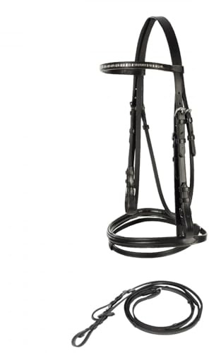HORZE Weston Padded Leather Snaffle Bridle with Flash Noseband and Web Reins | English Bridle for Horses - Black - Pony