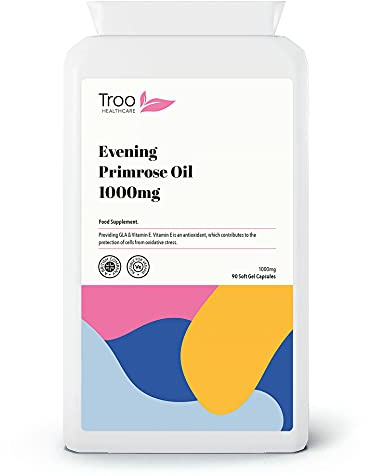 Troo Health Care Troo Vegan Evening Primrose Oil Capsules 1000mg - 90 Softgels in Convenient Daily Omega Supplement - Provides GLA & Vitamin E - Cold Pressed - Made in United Kingdom to GMP Standards
