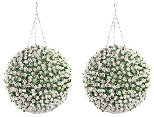 Best Artificial Pair of 38cm White Ivory Rose Topiary Hanging Flower Balls **UV Fade Protected**