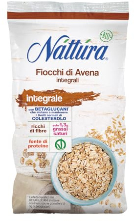 NATTURA Fiocchi di Avena Integrale Bio, Fonte di Fibre e di Proteine, a Basso Contenuto di Grassi Saturi, Prodotto Vegano, Contribuisce a Mantenere i Livelli Normali di Colesterolo, 500 g
