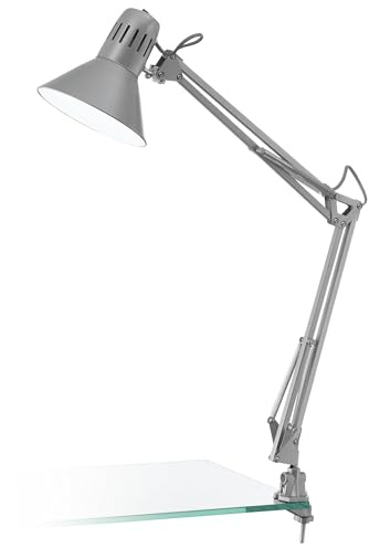 EGLO Bordslampa Firmo, 1-flammig klämmlampa Vintage, Industriell, Retro | skrivbordslampa i stål och högkvalitativ plast, klämmlampa i silver, lampa med strömbrytare, E27-sockel