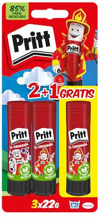Pritt Barra Adhesiva, pegamento infantil seguro para niños para manualidades, cola universal de adhesión fuerte para estuche escolar y oficina, 2+1 x 22 g Pritt Stick