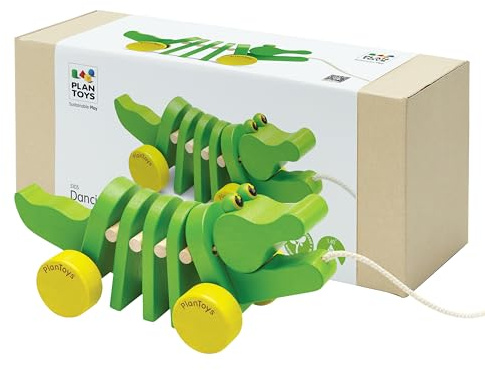 PlanToys® Dancing Alligator Pull Toy for Toddlers | Eco-Friendly Wood Toy with Click-Clack Sound | Walking Toy for Babies