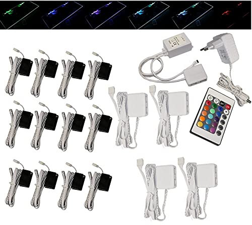 Trango 14er Set RGB Farbwechsel LED Glaskantenbeleuchtung inkl. Fernbedienung 5022-14 Schrankbeleuchtung I Glasbodenbeleuchtung I Vitrinenbeleuchtung I LED Clips I Möbelbeleuchtung