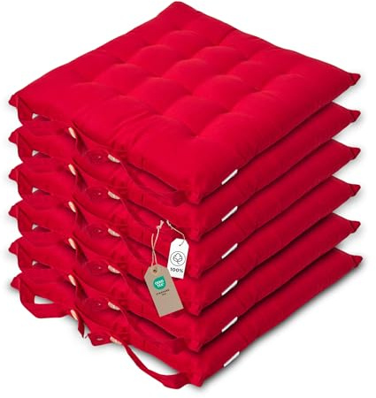 Homescapes 6er Set Stuhlkissen 40x40 cm rot – Sitzkissen Outdoor/Indoor mit Baumwollbezug, Sitzpolster waschbar und Oeko-TEX-Zertifiziert für Esszimmer-, Küchen- & Gartenstühle