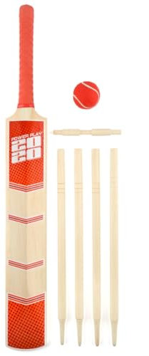 PowerPlay BG889 Deluxe Cricket Set with Cricket Bat, Ball, 4 Stumps, Bails and Bag, Size 5 Bat, red