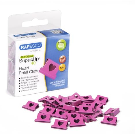 Rapesco 1334 Supaclip 40 Pappersklämmor, Hjärt-motiv, Knallrosa, 100 Pack
