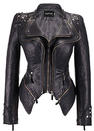 chouyatou Women's Fashion Studded Perfectly Shaping Faux Leather Biker Jacket (X-Large, Black)