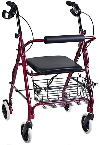 DMI Ultra Lightweight Folding Aluminum Rollator Walker with Adjustable Handle Height, FSA and HSA Eligible, Cushioned Flip Up Seat and Convenient Storage Basket, Burgundy
