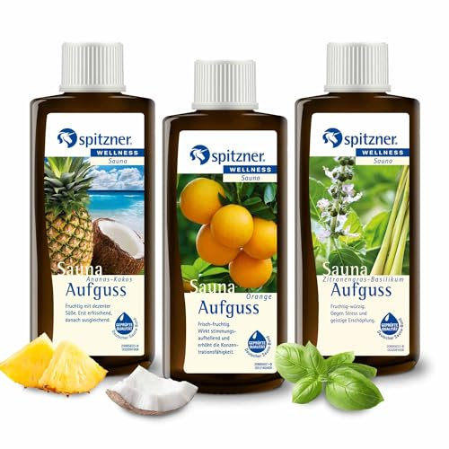 Lot Infusion pour sauna Émotion: „ Ananas-Coco “ / „ Orange “ / „ Citronnelle-Basilic “ (3x190 ml) de Spitzner