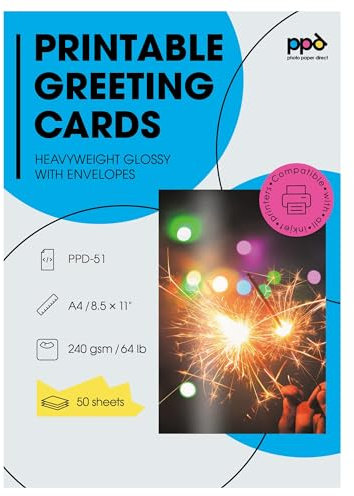 PPD 50 Inkjet Printable Greeting Cards A4 Pre-Scored to A5 260gsm Gloss Inc Envelopes PPD-51-ENV-50