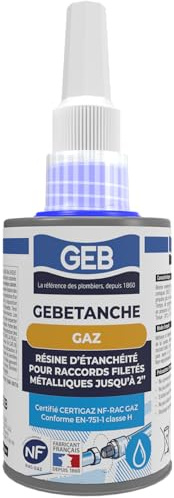 GEB Gebetanche gaz. Résine anaérobie d'étanchéité pour raccord fileté métal canalisations gaz et air comprimé. Jusqu'à 100 raccords - 75 ml