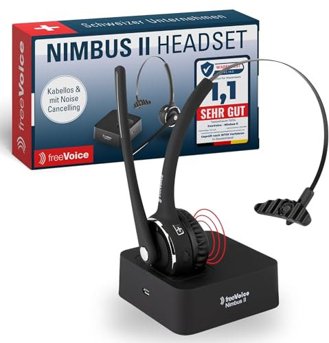 freeVoice Nimbus II Mono NC I Kopfhörer Noise Cancelling bis 13 h Gesprächszeit I Kabellose Kopfhörer mit Mikrofon I Bluetooth Headset mit Reichweite bis 10 m I Business Headset für Büro