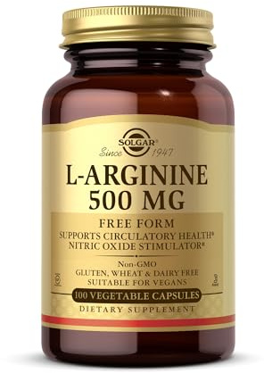 Solgar L-Arginine 500 mg - 100 Vegetable Capsules - Nitric Oxide Stimulator - Non-GMO, Vegan, Gluten Free, Dairy Free, Kosher - 100 Servings