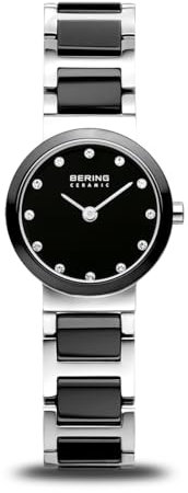 BERING Damen Quarz Uhr | Armbanduhr 25 mm silbernes Edelstahlgehäuse und schwarzes Zifferblatt | Edelstahlband mit Keramikelementen | 5 ATM | 10725-742
