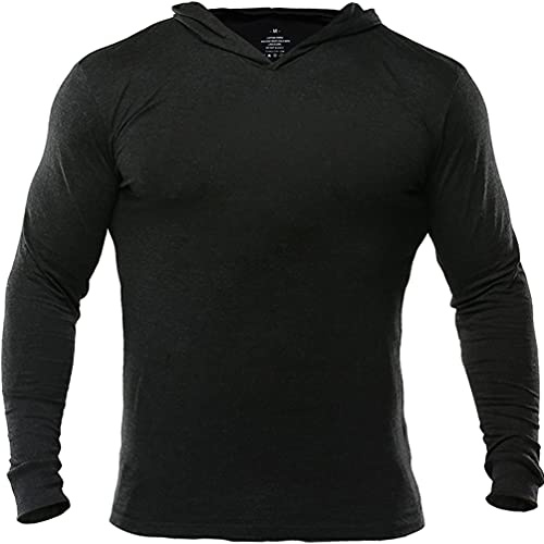Muscle Alive Uomo Palestra Slim Manica Lunga Bodybuilding Felpe con Cappuccio Cotone e Spandex Nero S