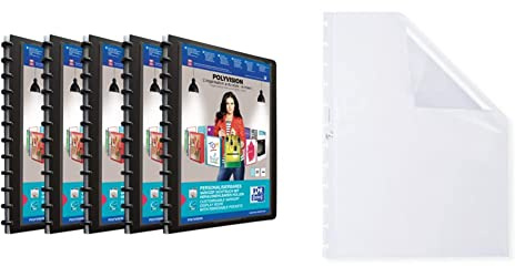 Oxford polyvision Ringmappe A4, mit vario-zipp, 20 Hüllen, schwarz, 5er Pack & 100551995 Prospekthüllen 10er Pack mit vario-zipp-Prinzip manageMe! Ersatzhüllen oben offen genarbt