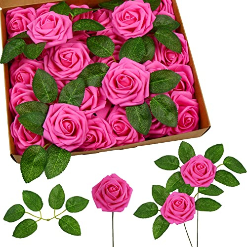 DERAYEE 25 PCS Artificial Roses, Foam Roses Flowers DIY Flower for Wedding Bridal Bouquets Home Party Garden Decorations (Rose Red)