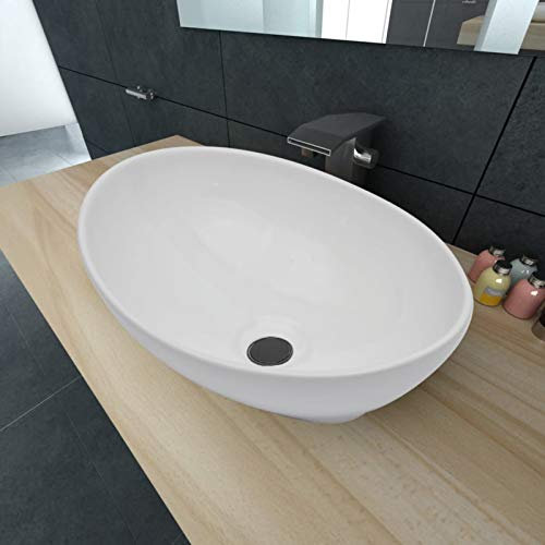 Mogou Luxus Keramik Waschbecken, Aufsatzwaschbecken, Bathroom Sink, Waschtisch, Ablaufgarnitur, Aufsatzbecken, Oval Weiß 40 x 33 cm