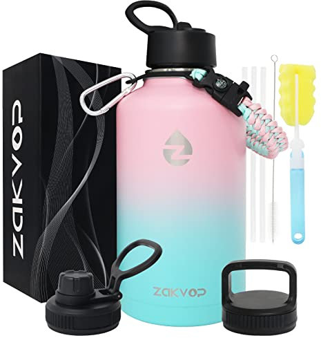 ZAKVOP Botella Termica 2 Litros, Termo Acero Inoxidable con Pajitas y 3 Tapas, Botella Agua de Doble Pared con Asa de Paracord, Botella Isotermica a Prueba de Fugas
