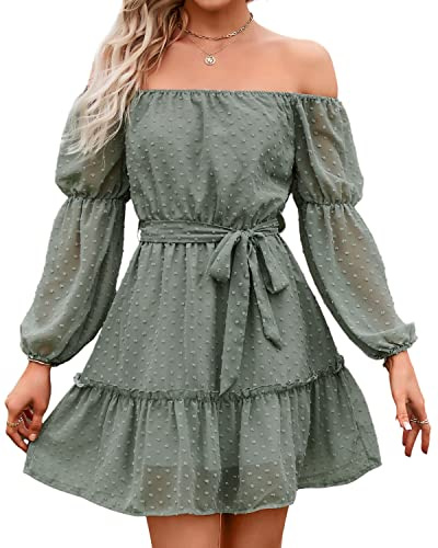 BebreezChic Sommarklänningar Off Shoulder Puff Långärmad Polka prickar Miniklänningar Cocktailklänningar, Hellgrün, S
