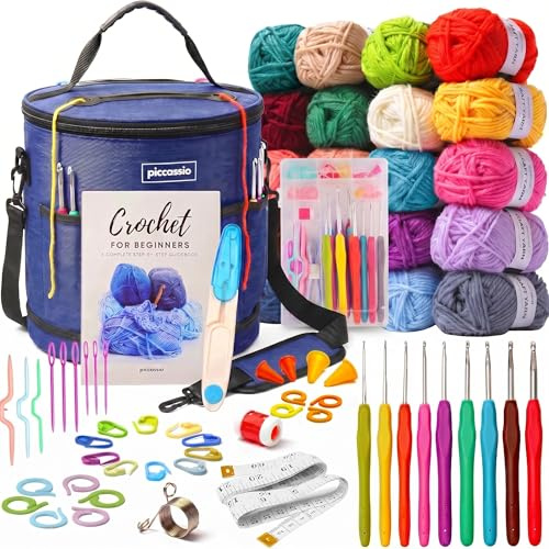 Piccassio Häkelset für Anfänger, Erwachsene und Kinder – Machen Sie Amigurumi- und Häkelset-Projekte – Anfänger-Häkelset enthält 20 Farben, Häkelgarn, Buch, Häkeltasche usw., Häkel-Starter-Set