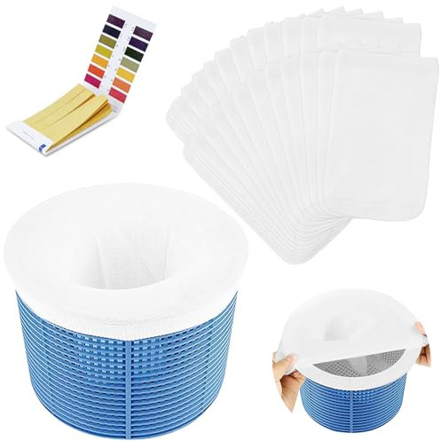 Flintronic 32PCS Calcetines Skimmer Piscina, Filtros de Skimmer, Calcetines Reutilizables de Malla de Nailon para Filtro de Piscina,con Papel de Prueba de PH, para Capturar Hojas,Cabello,Basura-Blanco