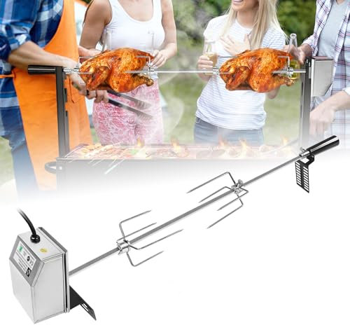 TANYEAR Brochettes en acier inoxydable avec 2 piques à viande - Tournebroche pour barbecue à gaz - Pince à viande - 107 cm - Avec moteur 220 V - 240 V - Tournebroche électrique