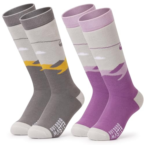 OutdoorMaster Ski Socks, Snowboarding Socks for Boys & Girls, Thermal Winter Warm & Breathable, Over The Calf Non-Slip Cuff