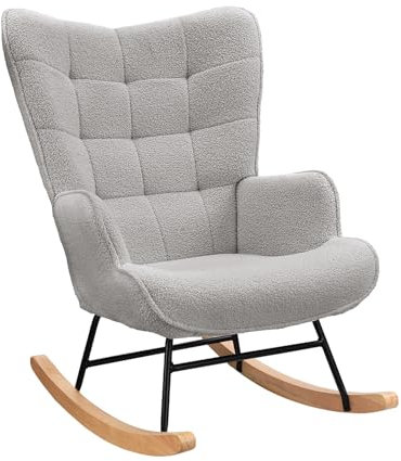 DIYHOM Schaukelstuhl Sessel, Teddystoff Gepolsterter Stillsessel Relaxstuhl für Wohnzimmer, Schlafzimmer, Schaukelsessel bis 130 kg belastbarkeit, Hellgrau 75 x 68 x 92 cm