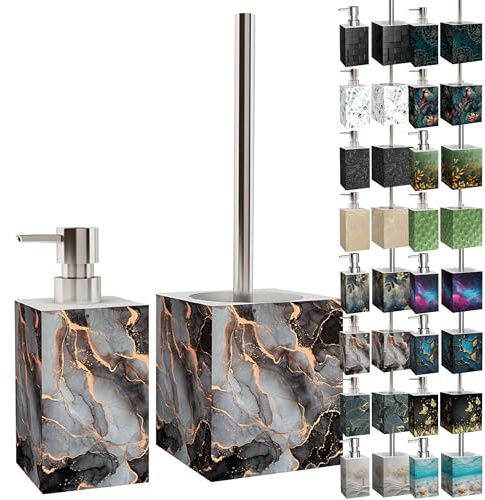Sanilo Set di accessori per il bagno, dispenser di sapone e scopino WC, materiale di alta qualita, che attira l'attenzione in ogni bagno (Marmo Astratto)