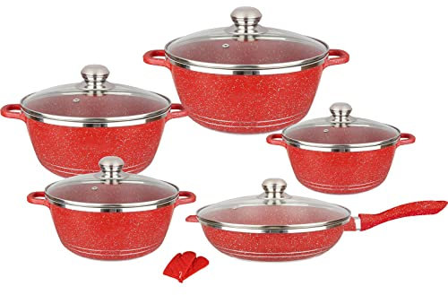 SFSLBFB Pots and Pans Sets, Nonstick Cookware Sets Granite Cooking Pots and Pans with Glass Lids,Marble Coated Aluminium Home Kitchenware with Saucepans,Frying Pan,Stock Pot,10 Piece,
