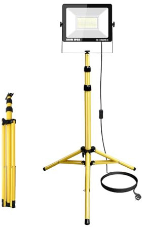 YOJZMA Luces LED para obras de construcción de 100W con trípode, 10000LM, 175V-265V, IP66, luz de trabajo LED para interiores y exteriores con cable de 5m para talleres, garajes y sótanos