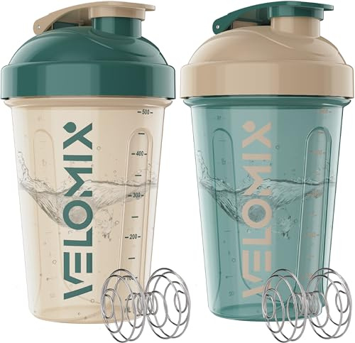 VELOMIX 2 Pack 20oz Protein Shaker Bottle for Protein Mixes, Blue&Beige