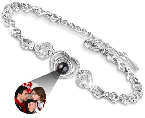 JONZIN Pulsera con Foto Personalizada-Pulseras Personalizadas con Proyección de Imagen,Pulseras Para Parejas,Regalo dia de la Madre para Madre Esposa Dama Amigo (Sliver)